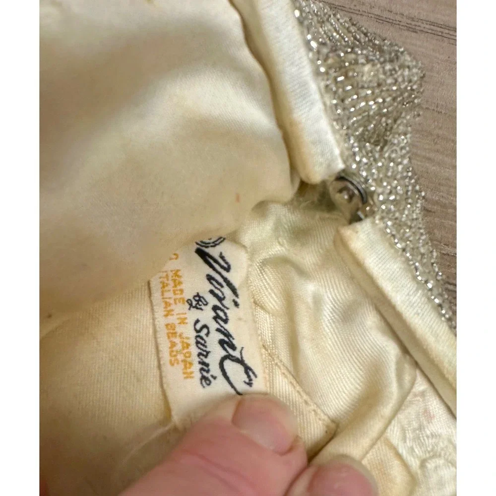 Vivant Sarne‎ Vintage Beaded Evening Wedding Bag Cream Grey Floral Made in Japan